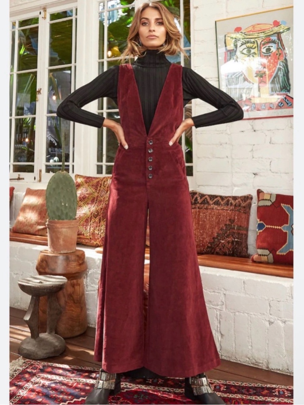 Listicle Corduroy Jumpsuit Overalls Jumper Boho Hippie Retro Plunge Neck Small